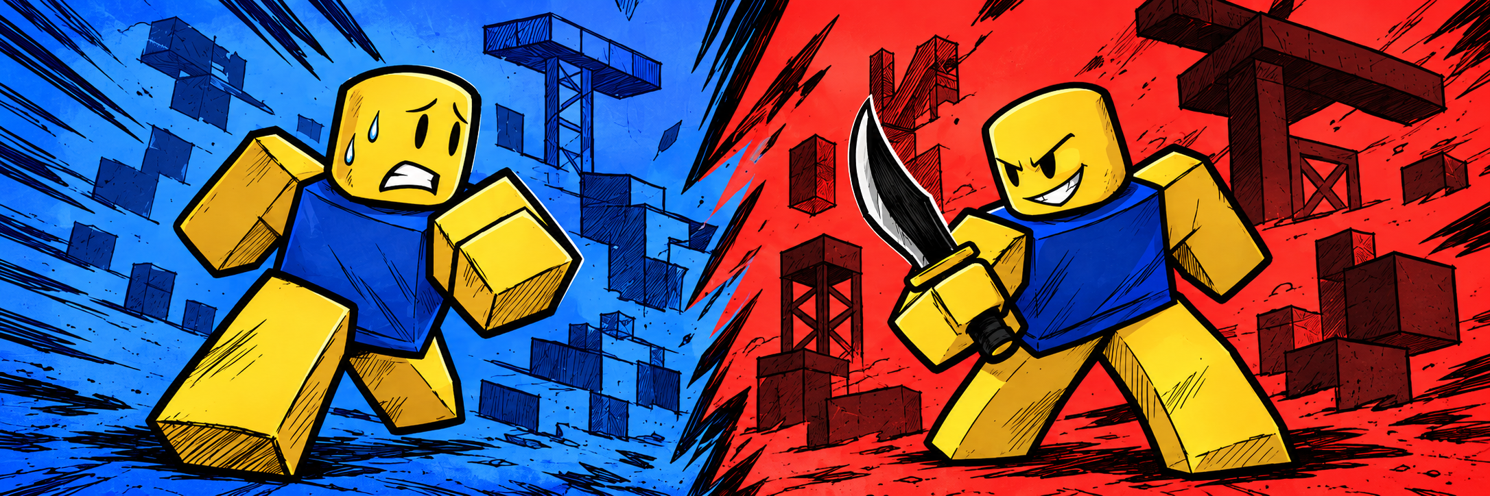 Cartoon Roblox-style runner faces a hunter gripping a curved knife